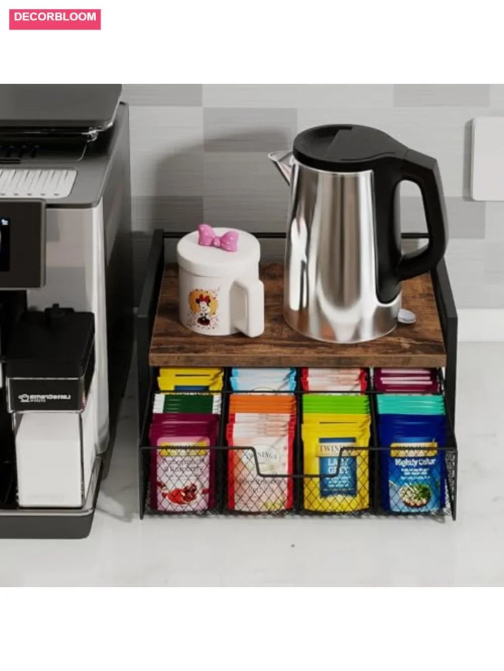 Tea Bag Organizer Wooden Storage Box with Pull-Out Drawer for Countertop